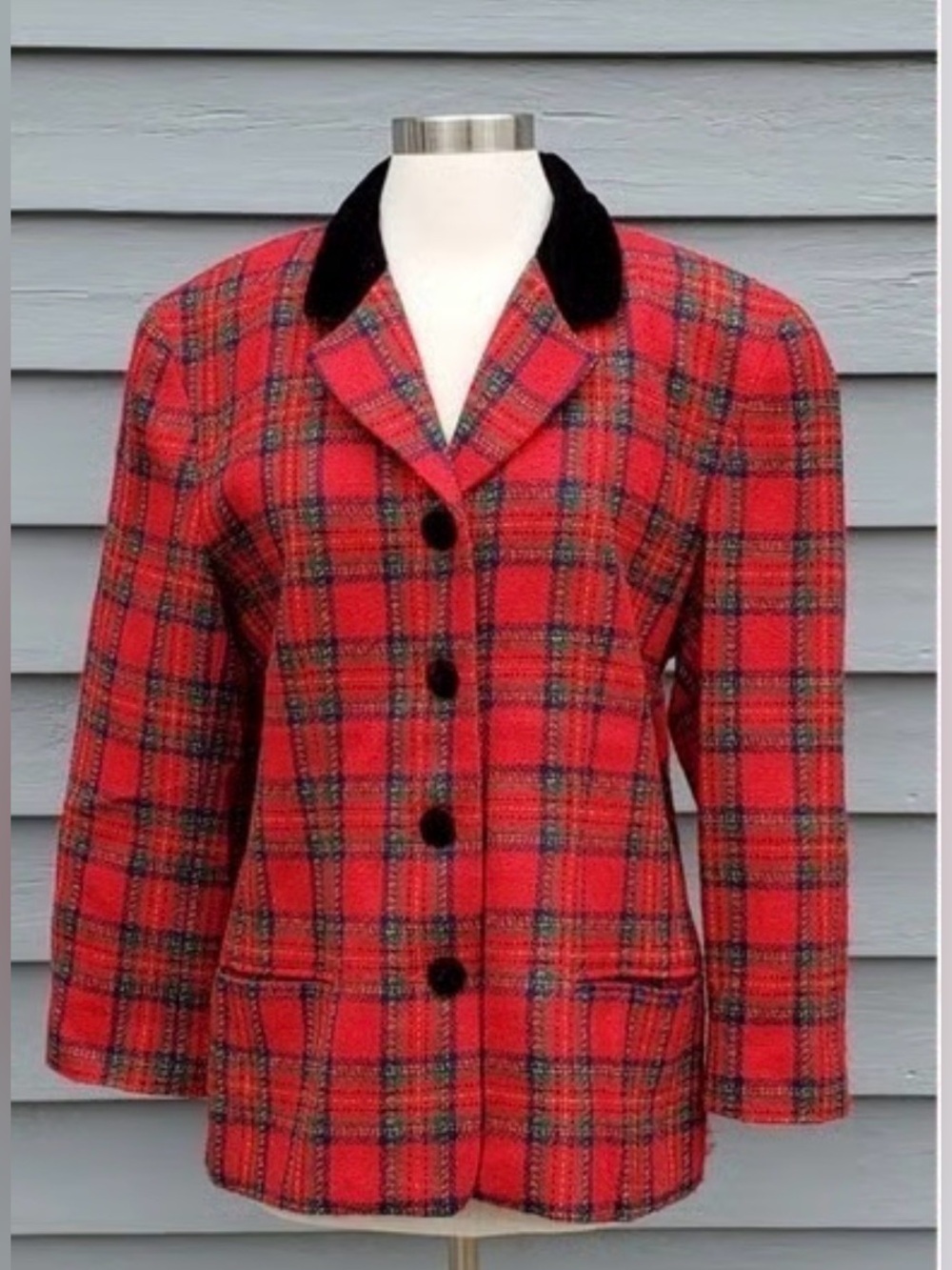 Vintage Talbots Red Plaid Tartan Wool Blazer Jacket Size 8 Black Velvet Collar - Picture 2 of 11